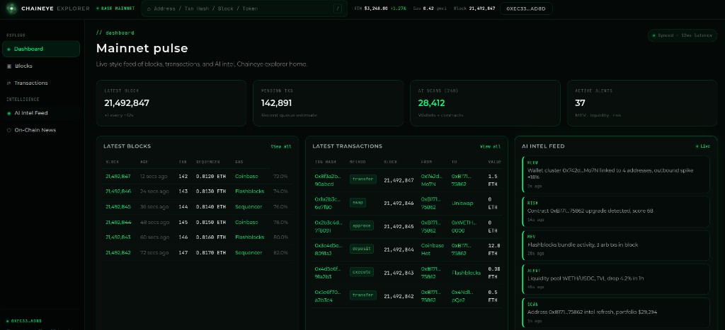 Chaineye Explorer BSC mainnet dashboard with mainnet pulse stats, latest blocks, transactions, and AI intel feed