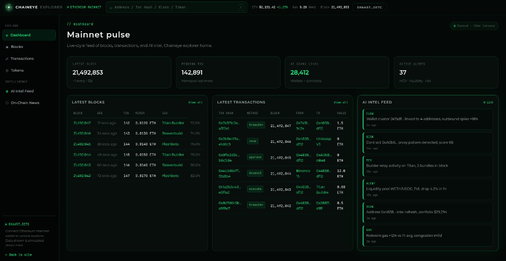 Chaineye Explorer dashboard with mainnet pulse stats, latest blocks, transactions, and AI intel feed