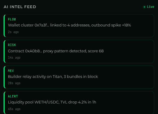 Chaineye Explorer AI intel feed showing live flow, risk, MEV, and liquidity alerts on BSC mainnet